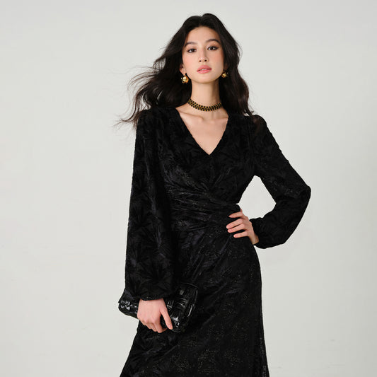 Jacquard V Neck Long Flare Sleeve Floral A-Line Maxi Dress - Quaworth