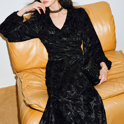 Jacquard V Neck Long Flare Sleeve Floral A-Line Maxi Dress - Quaworth