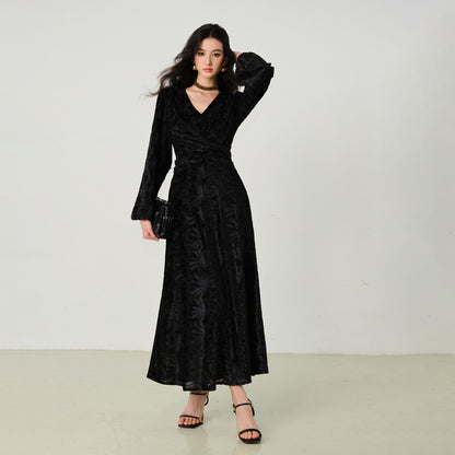 Jacquard V Neck Long Flare Sleeve Floral A-Line Maxi Dress - Quaworth