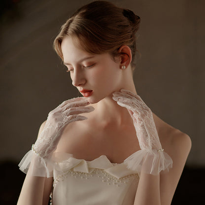 Lace Floral Ruffle Cuff Pearl Wrist Gloves - Quaworth