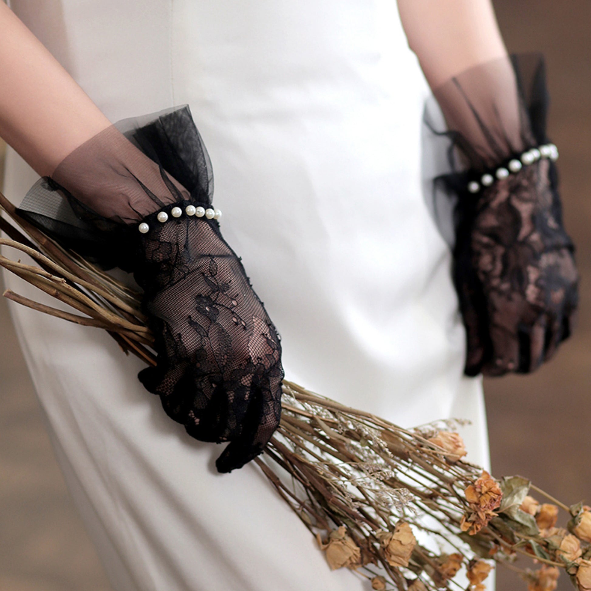 Lace Floral Ruffle Cuff Pearl Wrist Gloves - Quaworth