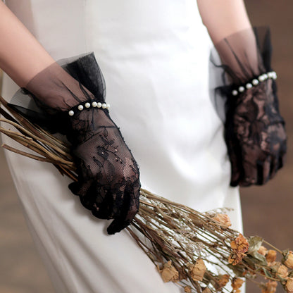 Lace Floral Ruffle Cuff Pearl Wrist Gloves - Quaworth