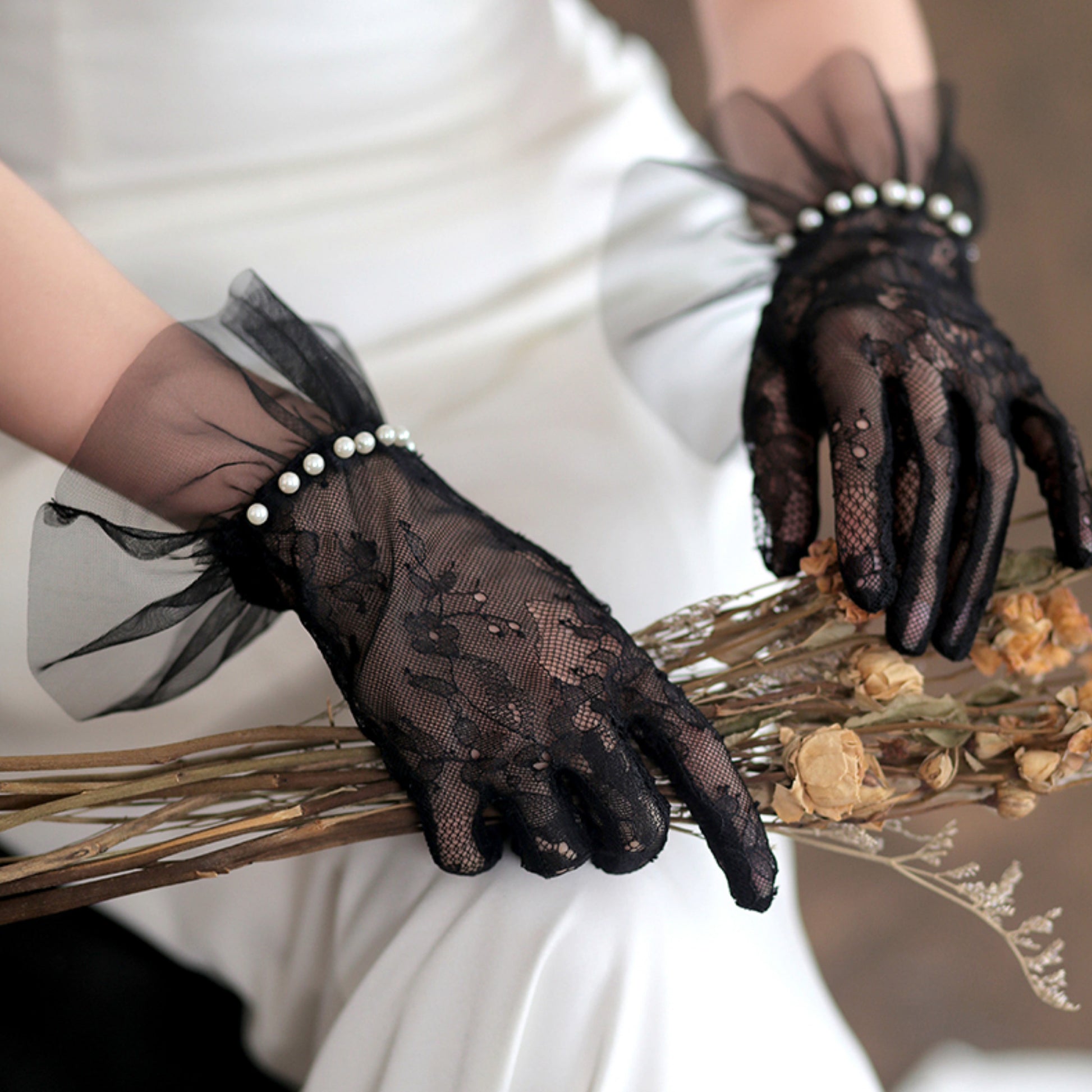 Lace Floral Ruffle Cuff Pearl Wrist Gloves - Quaworth