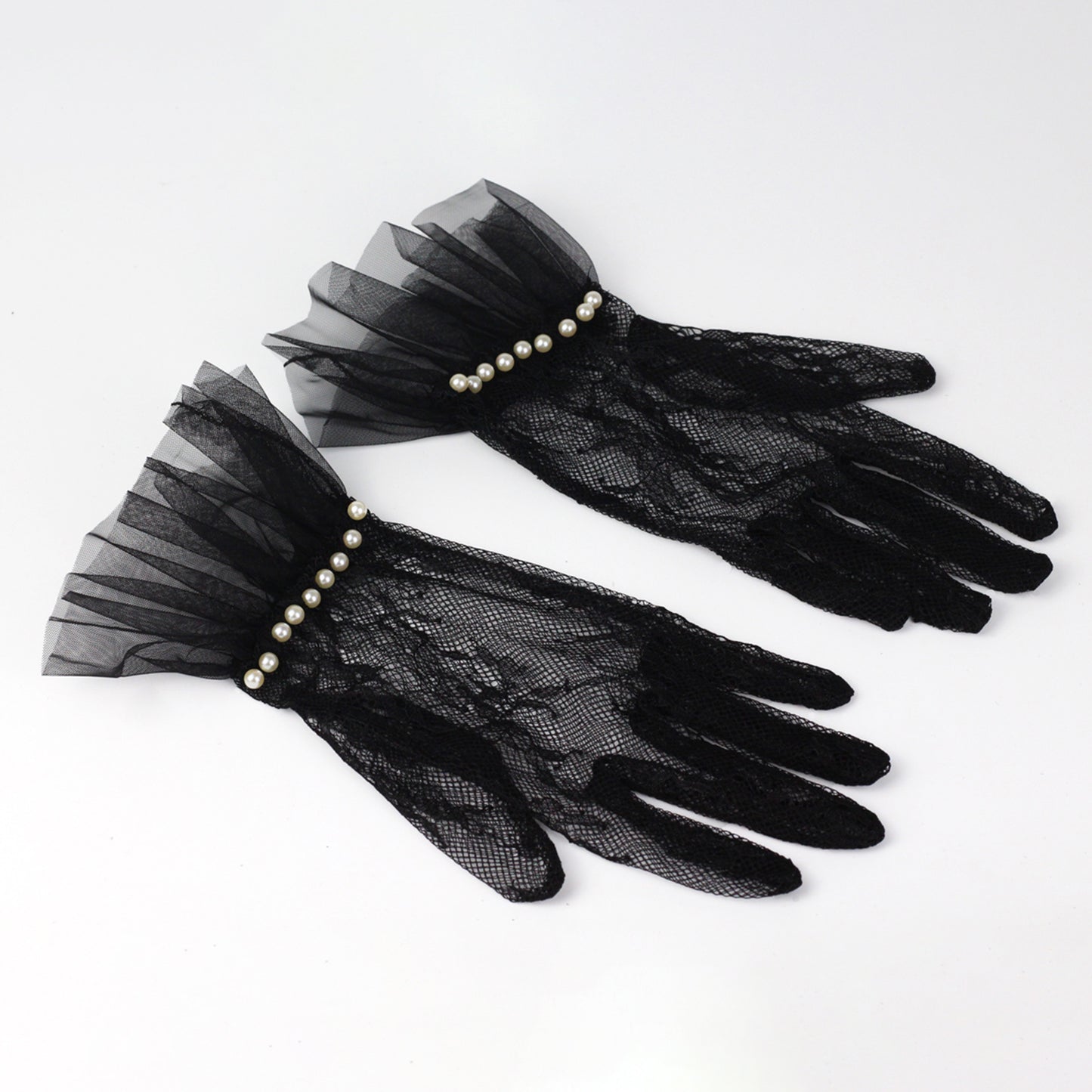 Lace Floral Ruffle Cuff Pearl Wrist Gloves - Quaworth