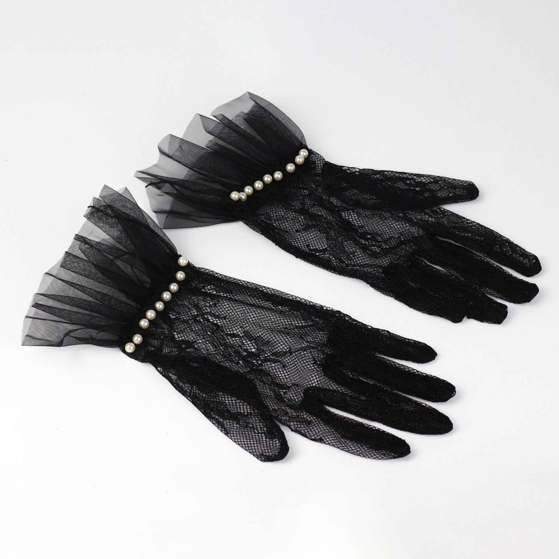 Lace Floral Ruffle Cuff Pearl Wrist Gloves - Quaworth