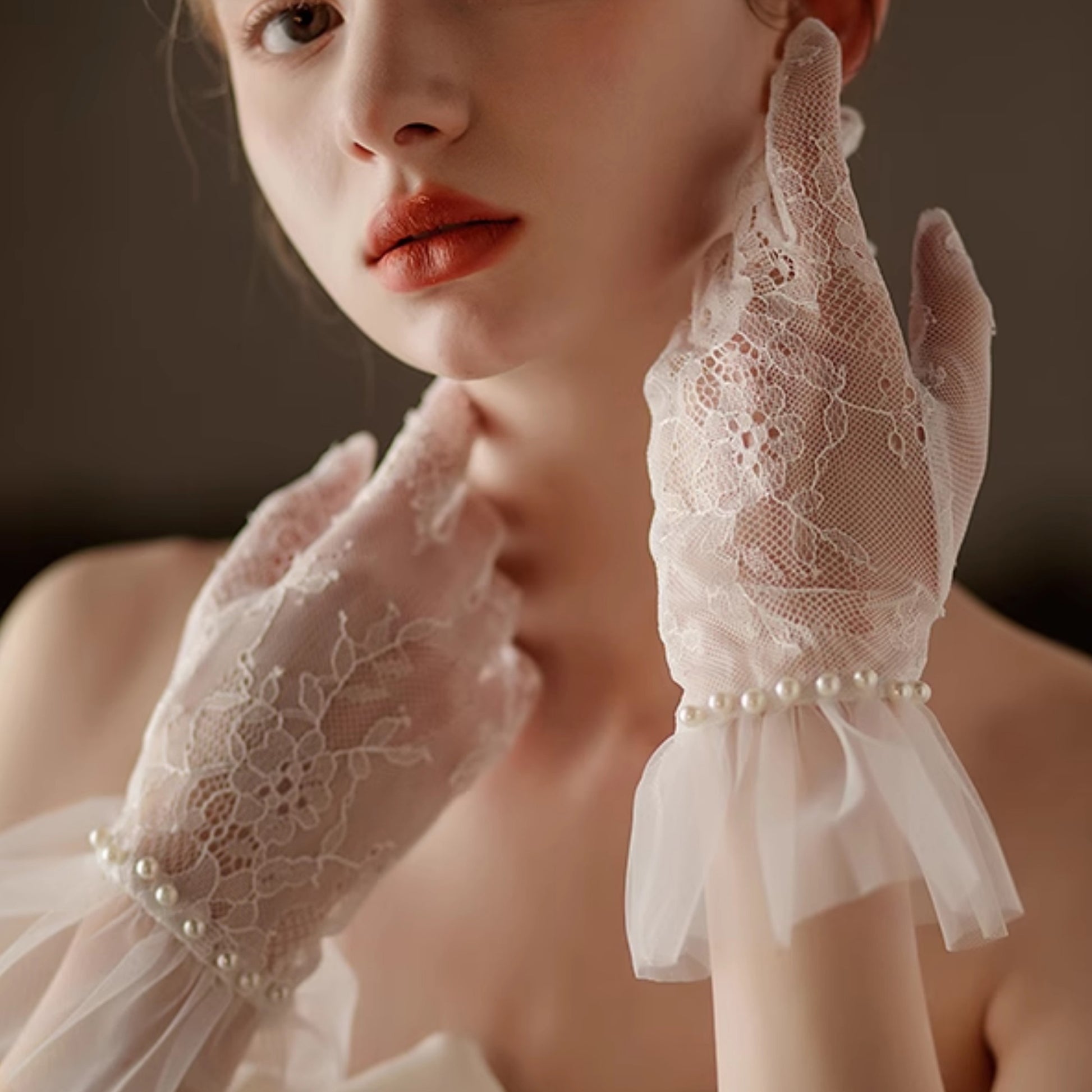 Lace Floral Ruffle Cuff Pearl Wrist Gloves - Quaworth