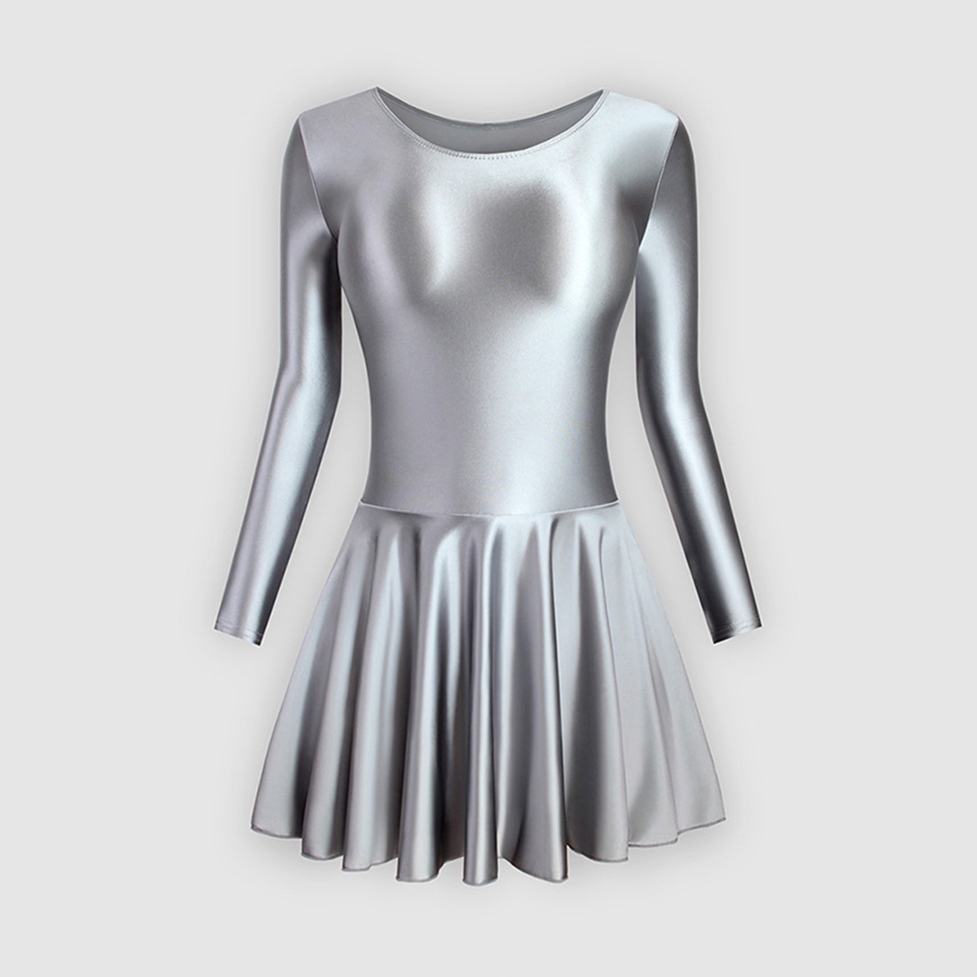 Long Sleeve Round Neck Glossy Leotard Dress - Quaworth