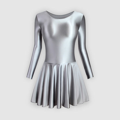 Long Sleeve Round Neck Glossy Leotard Dress - Quaworth