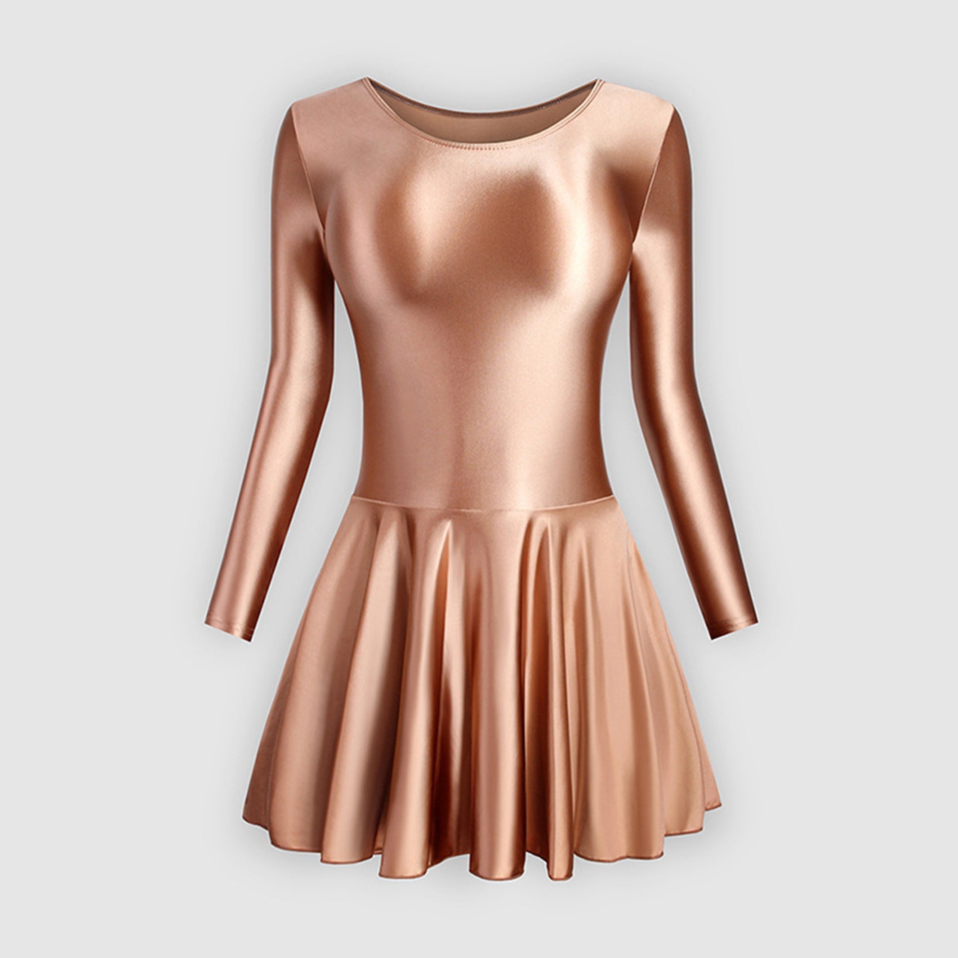 Long Sleeve Round Neck Glossy Leotard Dress - Quaworth