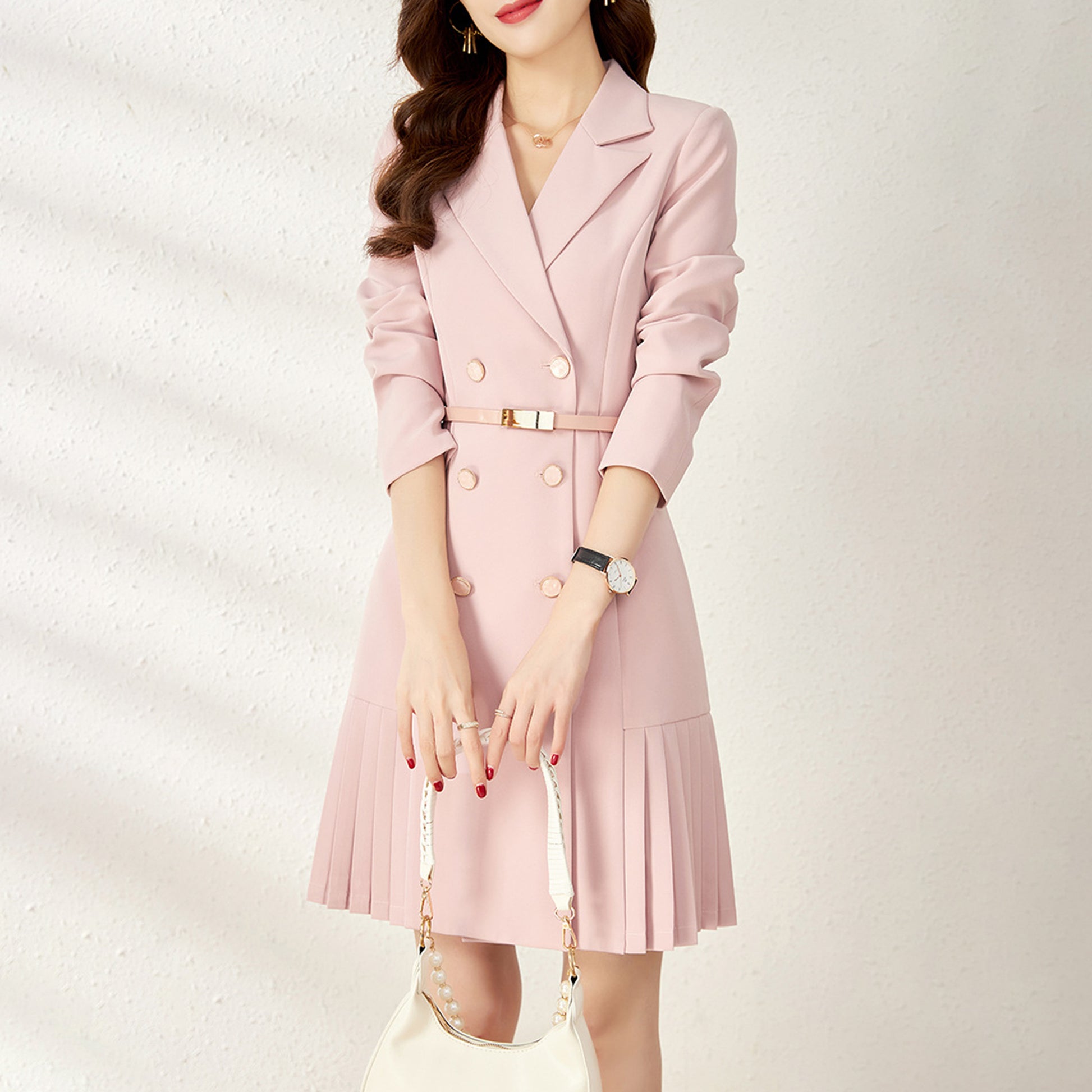 Long Sleeve V Neck Double Breasted Slim Belt Pleated Above Knee Dress - Quaworth