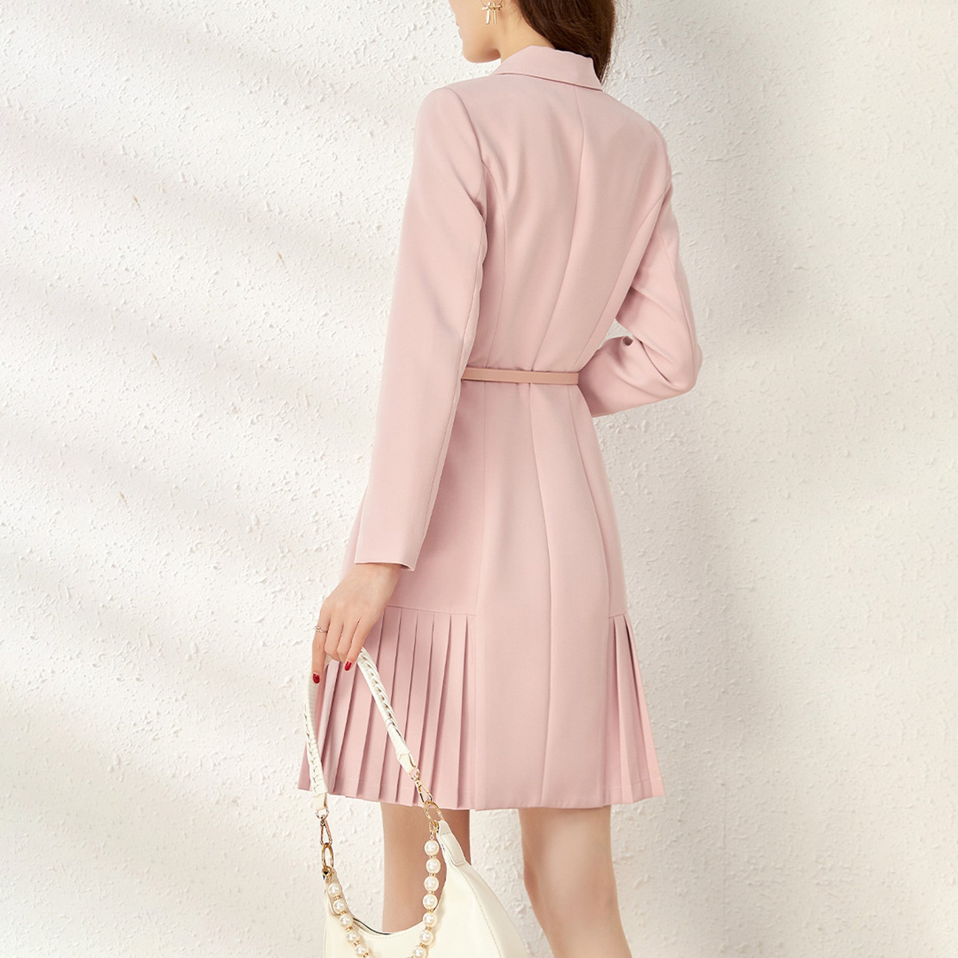 Long Sleeve V Neck Double Breasted Slim Belt Pleated Above Knee Dress - Quaworth