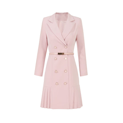 Long Sleeve V Neck Double Breasted Slim Belt Pleated Above Knee Dress - Quaworth