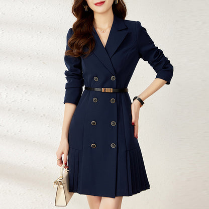 Long Sleeve V Neck Double Breasted Slim Belt Pleated Above Knee Dress - Quaworth
