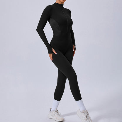 Mesh Splice Yoga Jumpsuit – Elastic Waist, Thumb Hole, Slim Fit Activewear