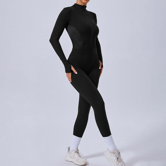 Mesh Splice Yoga Jumpsuit – Elastic Waist, Thumb Hole, Slim Fit Activewear