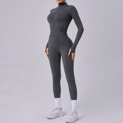 Mesh Splice Yoga Jumpsuit – Elastic Waist, Thumb Hole, Slim Fit Activewear