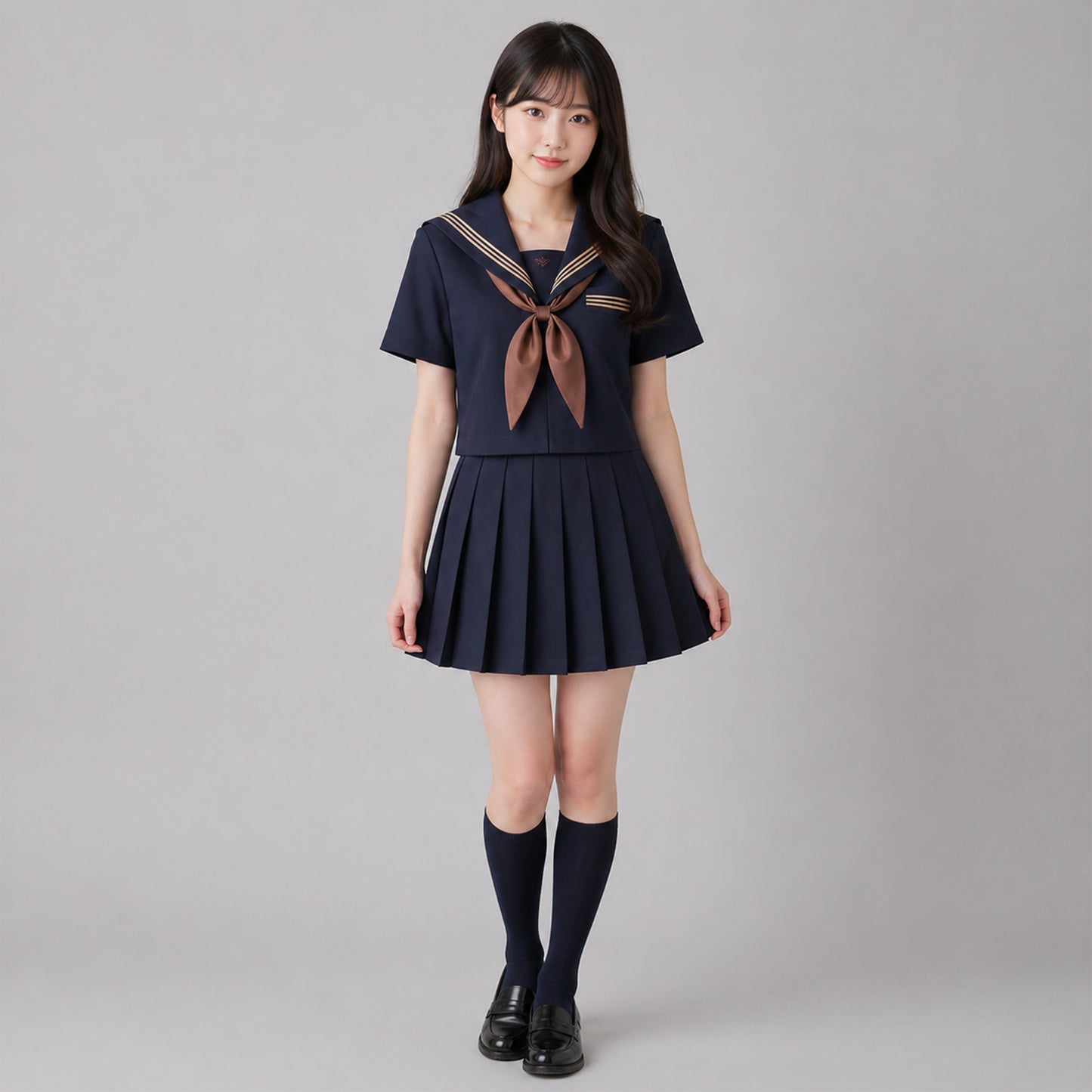Uniforme escolar marinero con cuello ancho azul marino, tres líneas marrones y solapa cuadrada, corbata y lazo