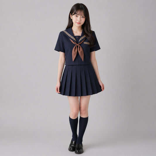 Uniforme escolar marinero con cuello ancho azul marino, tres líneas marrones y solapa cuadrada, corbata y lazo