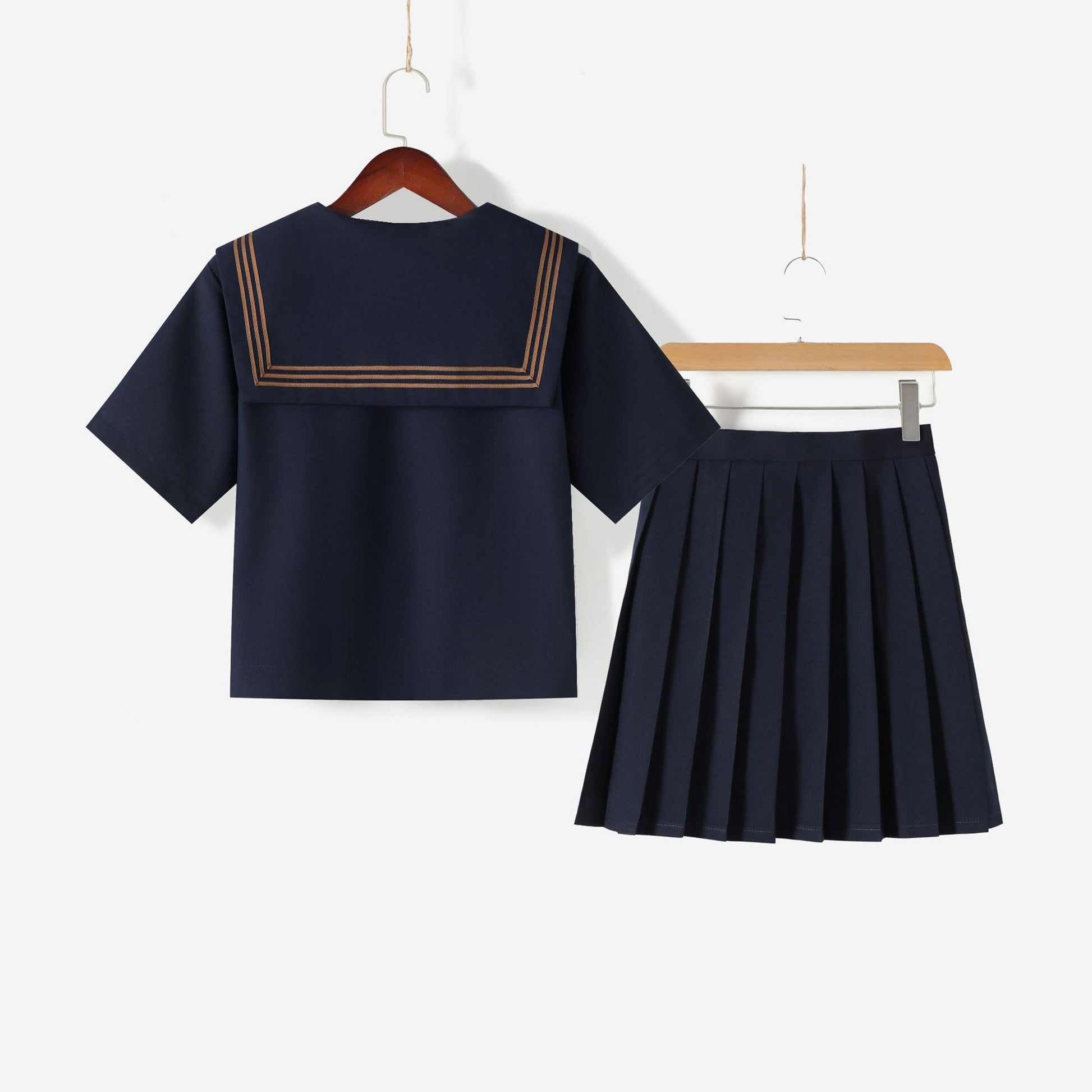 Navy Broad Collar Three Brown Line Square Flap Cravat Bow Sailor School Uniform - Quaworth
