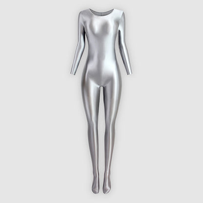 Glossy Full Body Spandex Round Neck Bodysuit - Long Sleeve, Smooth Shapewear