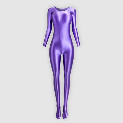 Glossy Full Body Spandex Round Neck Bodysuit - Long Sleeve, Smooth Shapewear