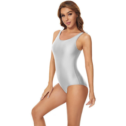 Glossy Solid Color Round Neck Leotard - Sleeveless Spandex Dance Swimwear - Quaworth
