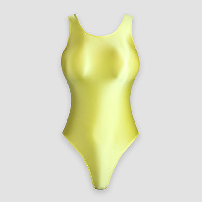 Glossy Solid Color Round Neck Leotard - Sleeveless Spandex Dance Swimwear - Quaworth