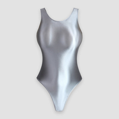 Glossy Solid Color Round Neck Leotard - Sleeveless Spandex Dance Swimwear - Quaworth