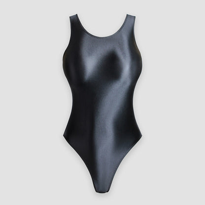 Glossy Solid Color Round Neck Leotard - Sleeveless Spandex Dance Swimwear - Quaworth