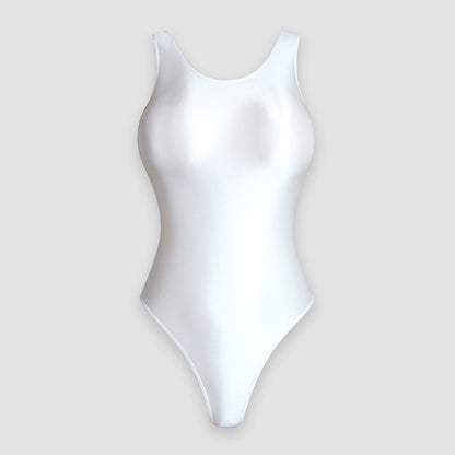 Glossy Solid Color Round Neck Leotard - Sleeveless Spandex Dance Swimwear - Quaworth