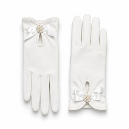 Bridal Stretch Satin Wrist Gloves with Bow Accent