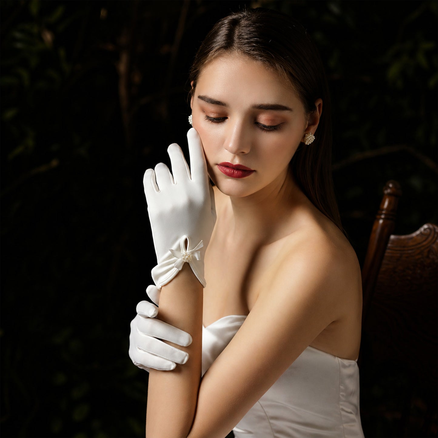 Bridal Stretch Satin Wrist Gloves with Bow Accent