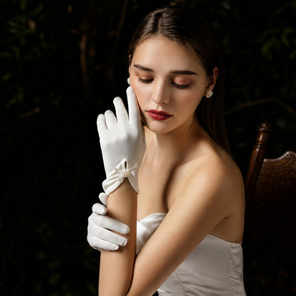 Bridal Stretch Satin Wrist Gloves with Bow Accent