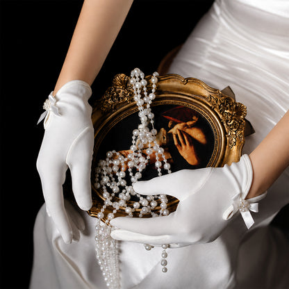 Bridal Stretch Satin Wrist Gloves with Bow Accent