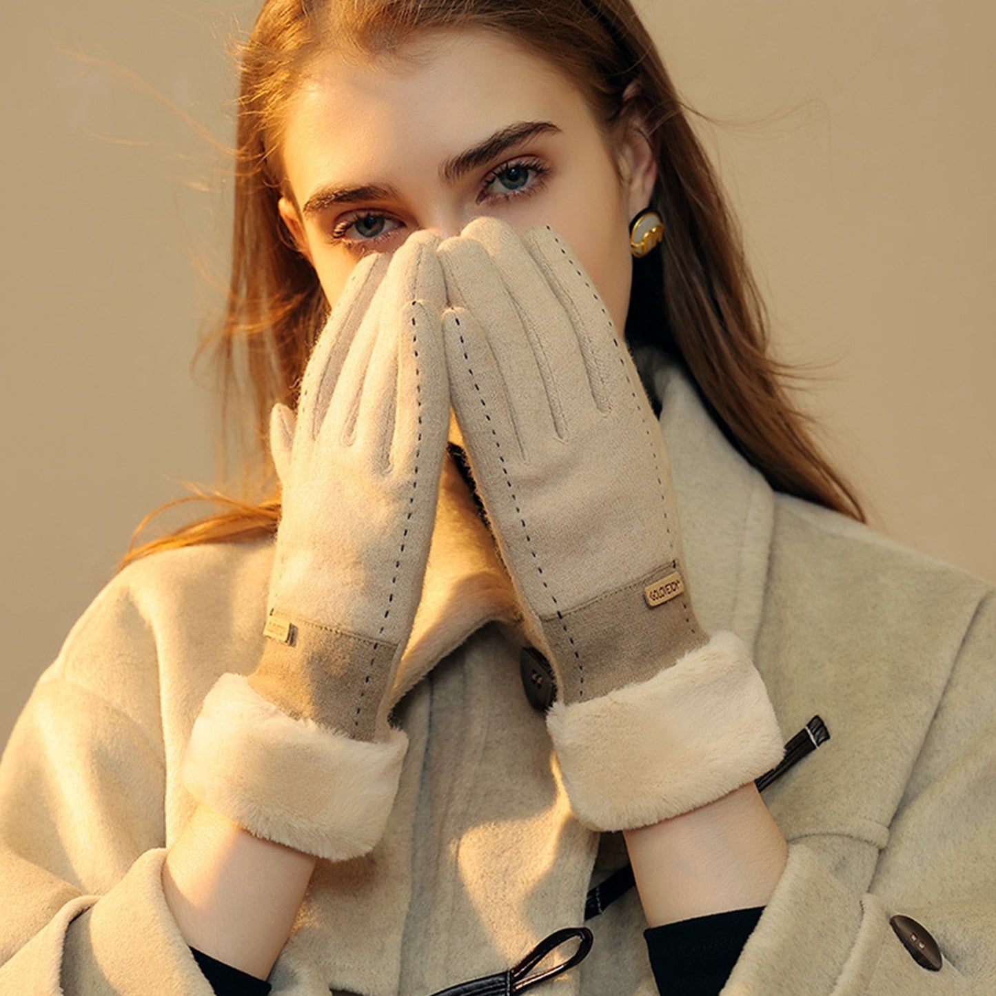 Wool Thermal Fleece Fluffy Cuff Touch Screen Wrist Gloves