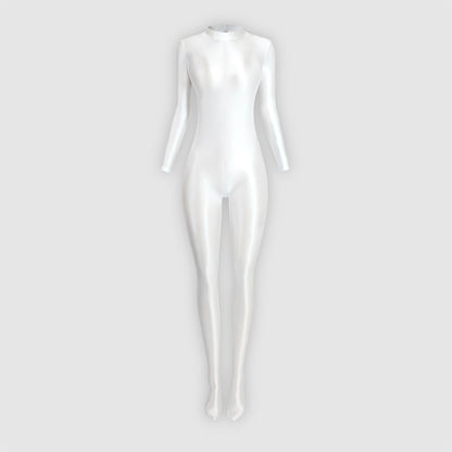 Glossy Full Body Spandex High Neck Zipper Bodysuit - Long Sleeve, Smooth Shapewear