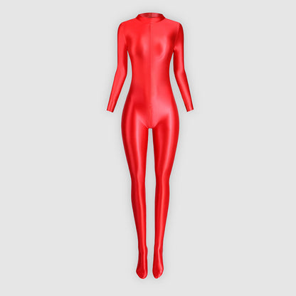 Glossy Full Body Spandex High Neck Zipper Bodysuit - Long Sleeve, Smooth Shapewear