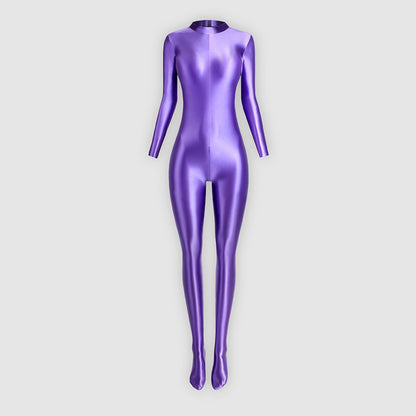 Glossy Full Body Spandex High Neck Zipper Bodysuit - Long Sleeve, Smooth Shapewear