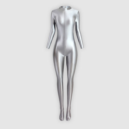 Glossy Full Body Spandex High Neck Zipper Bodysuit - Long Sleeve, Smooth Shapewear