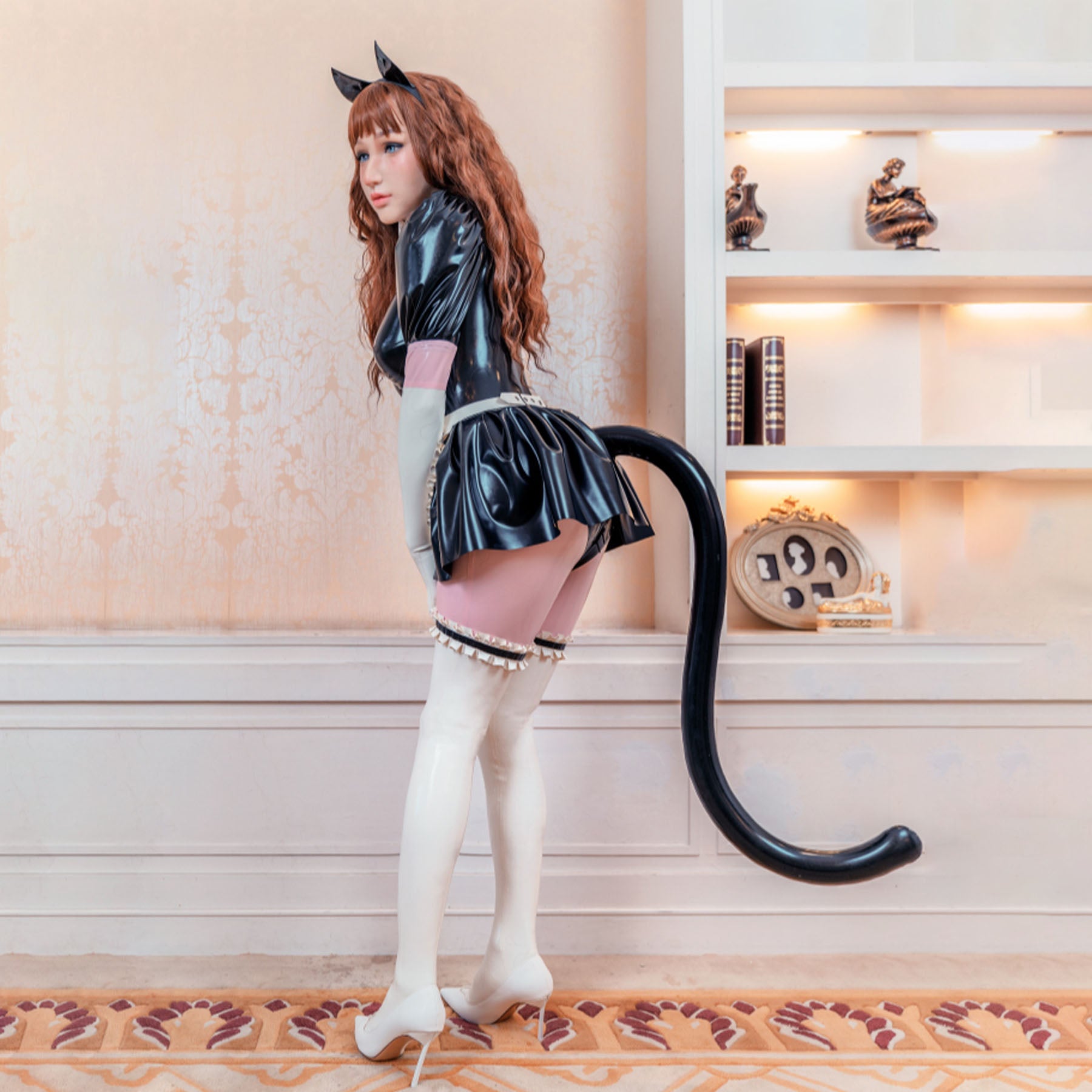 Kitty Maid V Neck Latex Apron Maid Dress Full Cover Bodysuit - Quaworth