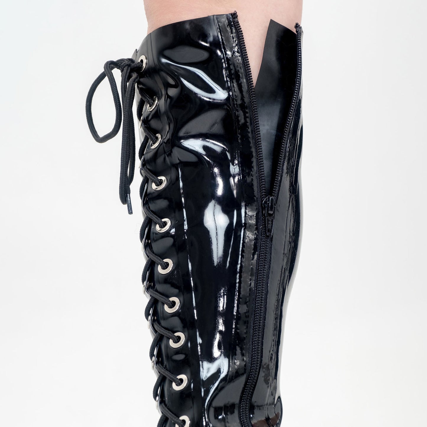 Black Solid Color Latex Lace Up High Heel Knee Boots - Quaworth