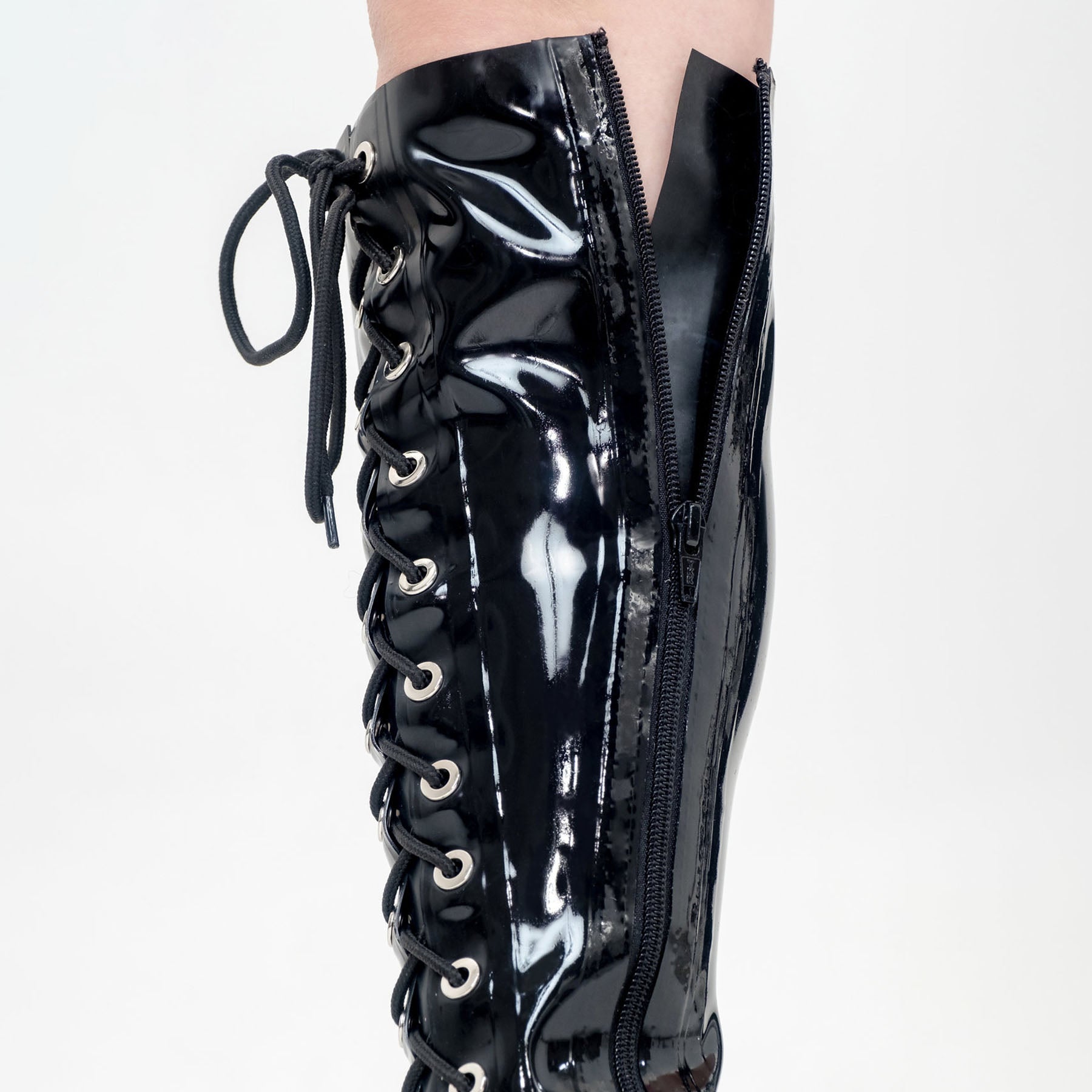 Black Solid Color Latex Lace Up High Heel Knee Boots - Quaworth