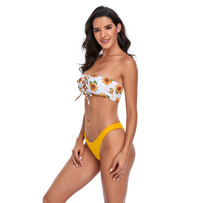Lace Up Tube Top Split Swimsuit Set - Quaworth