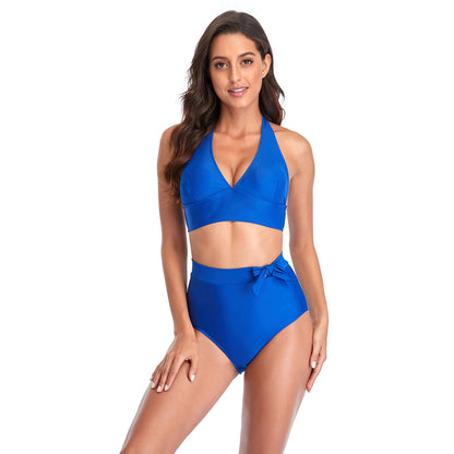 Solid Color V Neck Bowknot Hight Rise Split Bikini Swimsuit Set - Quaworth