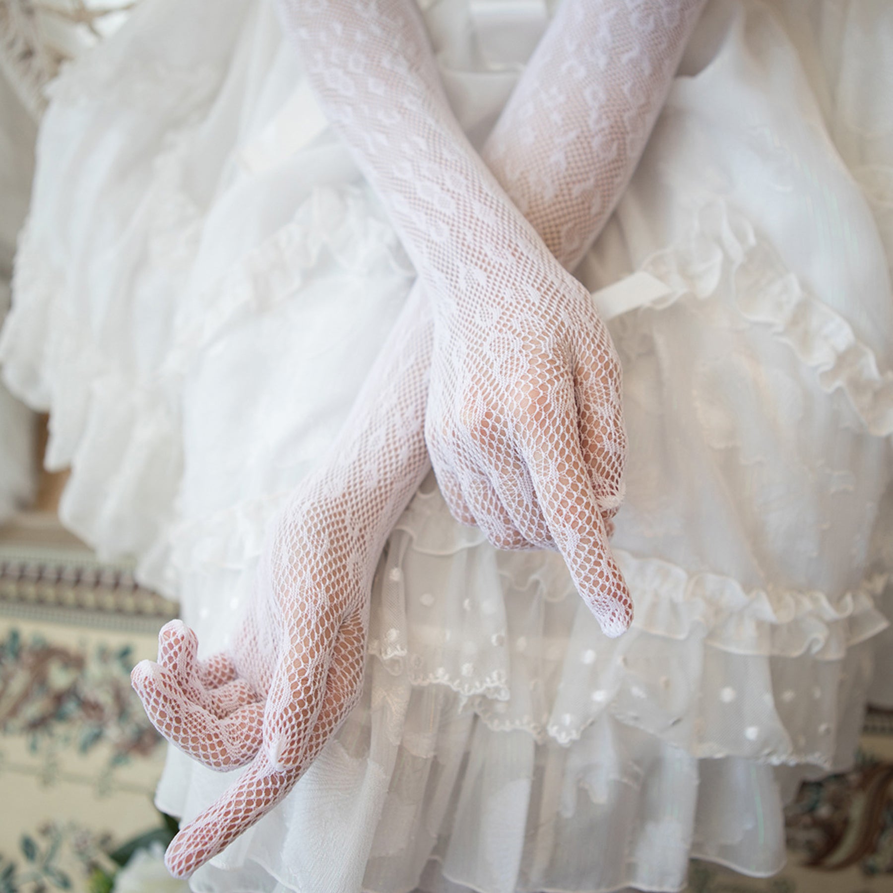 Fishnet Mesh Floral Jacquard Over Elbow Gloves - Quaworth