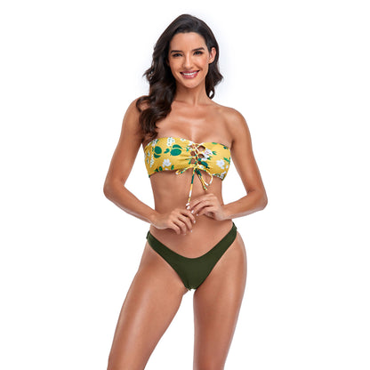 Lace Up Tube Top Split Swimsuit Set - Quaworth