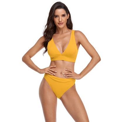 Solid Color V Neck Triangle Split Bikini Swimsuit Set - Quaworth