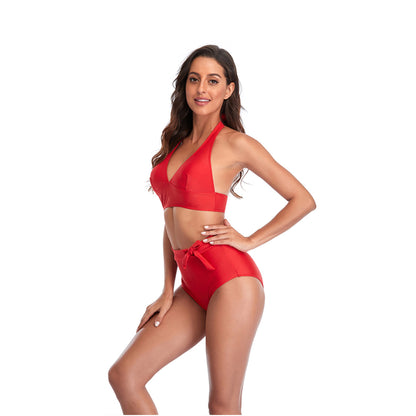 Solid Color V Neck Bowknot Hight Rise Split Bikini Swimsuit Set - Quaworth