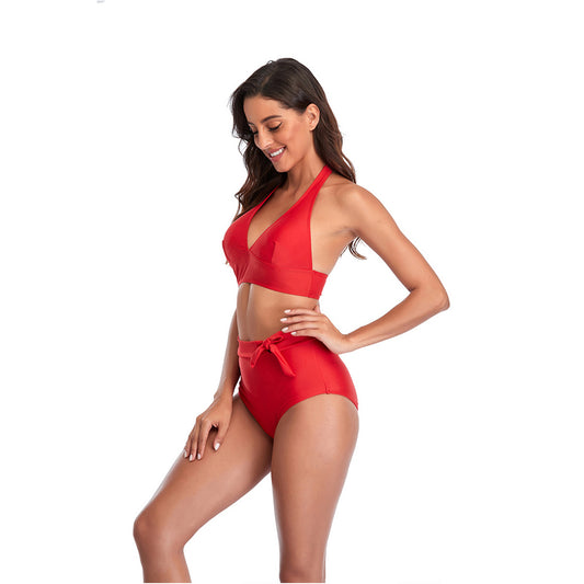 Solid Color V Neck Bowknot Hight Rise Split Bikini Swimsuit Set - Quaworth