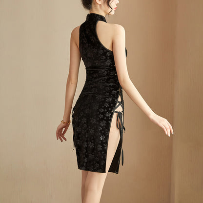 Sleeveless Band Collar Floral Embroidered Side Slit Lace Up Qipao Cheongsam Dress - Quaworth